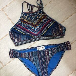 Jessica Simpson Multicolor High-Neck Strappy Bikini with Blue Lining